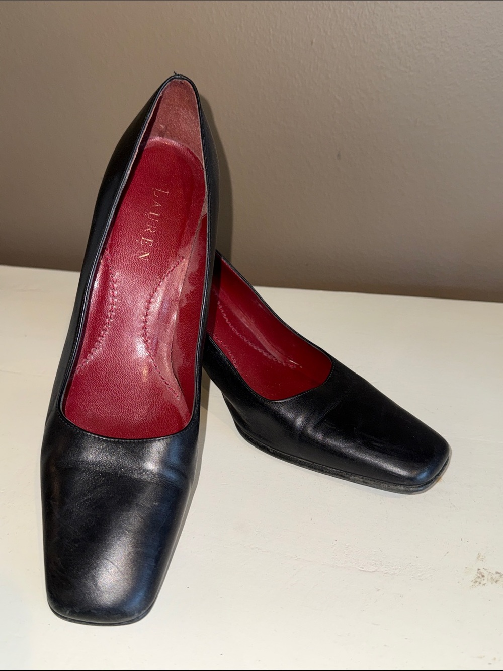 LAUREN RL Classic Black Leather Square-Toe Pumps 8AA Preppy Old Money Minimalist